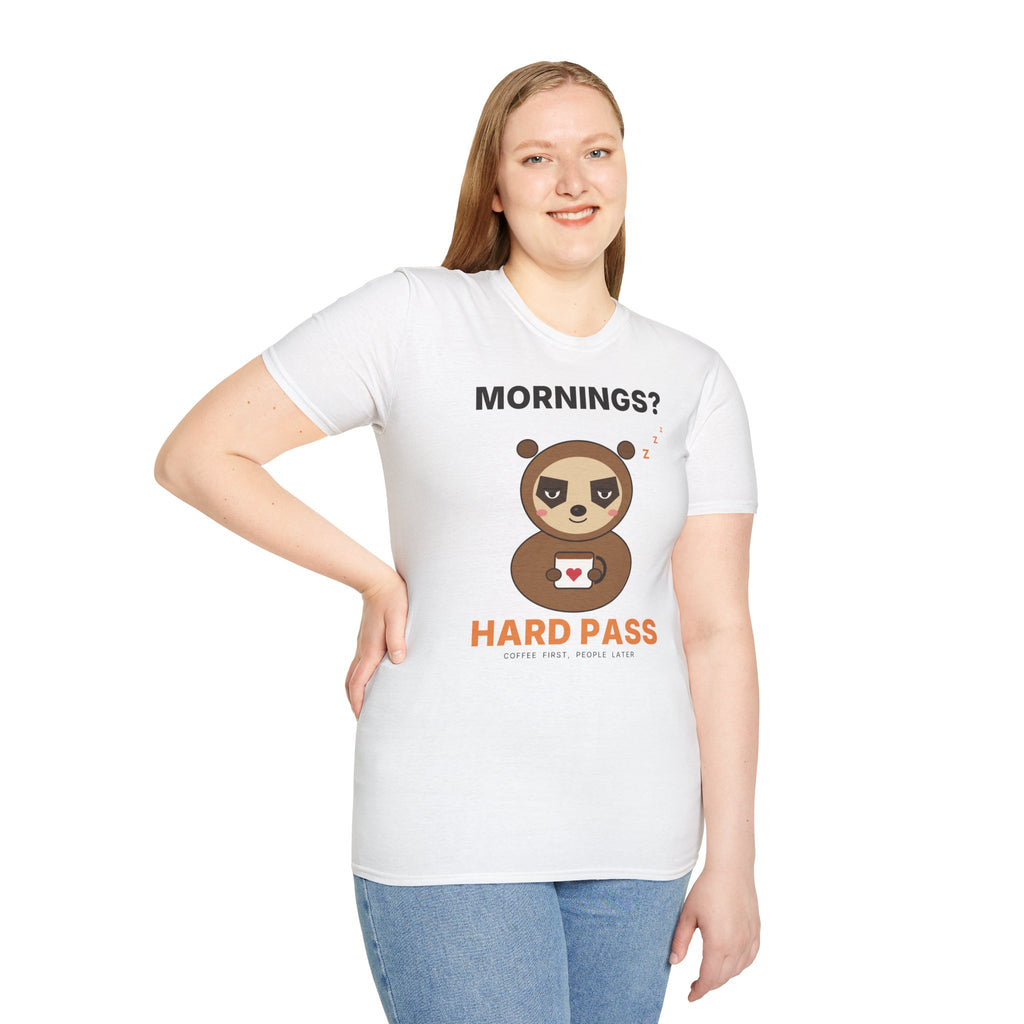 Mornings? Hard Pass Grumpy Sloth T-Shirt | Funny Coffee Lover Tee
