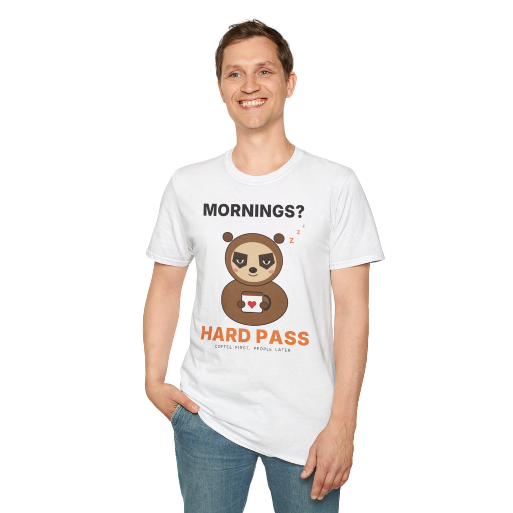 Mornings? Hard Pass Grumpy Sloth T-Shirt | Funny Coffee Lover Tee