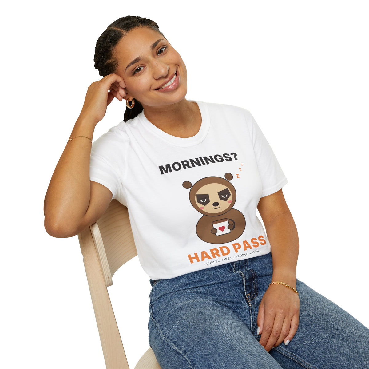Mornings? Hard Pass Grumpy Sloth T-Shirt | Funny Coffee Lover Tee